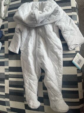 Little Me Quilted Light Gray Hooded Footed Bunting Suit
